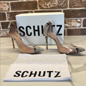 SCHUTZ Clear PVC Pointed Pumps with Snake-Print Accents